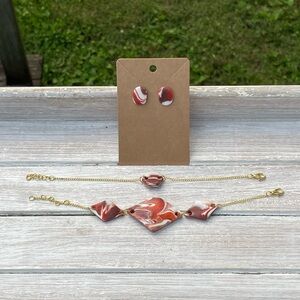 Handcrafted Burnt Orange and White Bracelet and Earring Set with Gold Accents
